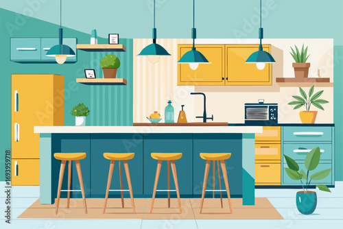 Stylish modern kitchen interior featuring white cabinets, wooden panel accents, bar stools, and a sleek countertop. Large windows allow natural sunlight to brighten the space, complemented by indoor g