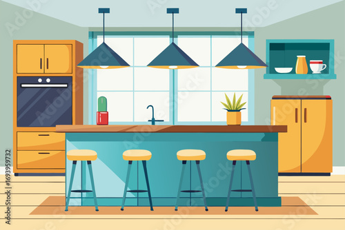 Stylish modern kitchen interior featuring white cabinets, wooden panel accents, bar stools, and a sleek countertop. Large windows allow natural sunlight to brighten the space, complemented by indoor g
