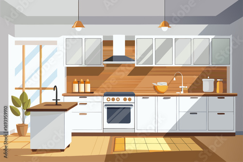 Stylish modern kitchen interior featuring white cabinets, wooden panel accents, bar stools, and a sleek countertop. Large windows allow natural sunlight to brighten the space, complemented by indoor g