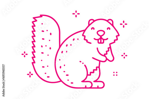 Charming magenta squirrel smiles cheerfully in a minimal outline with dots scattered around on white