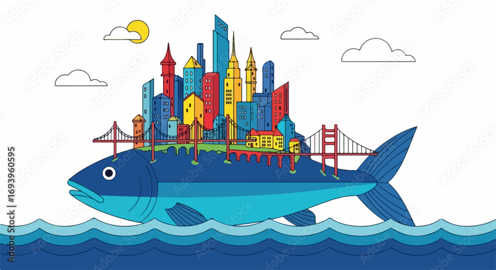 Obraz premium Floating city concept with colorful buildings riding on a fish. This floating city surreal scene depicts city buildings on top of large fish, along with suspension bridges, sun, clouds and waves.