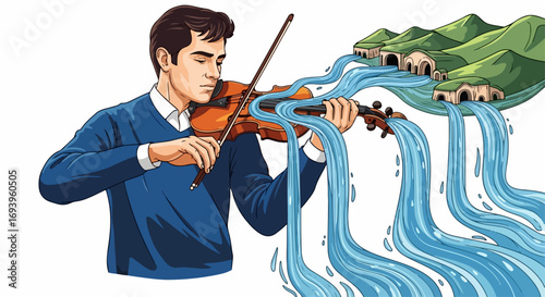 Young man playing violin, generating a waterfall. Musical expression through an artistic violinist generates water. A musical experience,