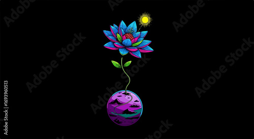 Surreal flower blooms from colorful planet, with vibrant blue petals and artistic concept. Surreal flower evokes feelings of wonder, nature, and cosmic growth, as it defies expectations.