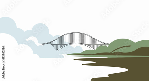 Bridge landscape illustration, featuring bridge crossing river amidst clouds. This bridge landscape illustration showcases nature elements and calm water under bridge.