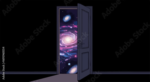 Open door leads to cosmos, revealing breathtaking space scene. Open door as gateway to new world, suggesting limitless possibilities with cosmic scene, including stars and galaxies.