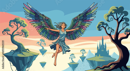 Angel illustration on fantasy landscape with tree-covered islands and floating rocks under colored sky. Angel illustration features freedom and serenity, floating above dreamy hills.