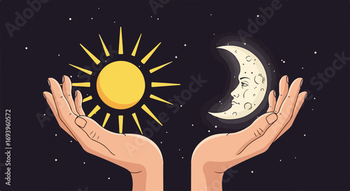 Sun and moon illustration depicting celestial balance with sun and moon illustration. Hands holding celestial bodies, contrasting light and darkness create ethereal sun and moon illustration.