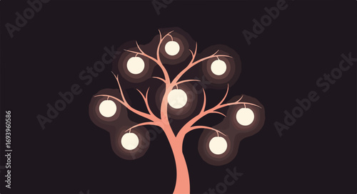 Abstract tree with fruit glowing softly against dark background. Tree with glowing fruit represents symbolic light and illuminating knowledge, shown with stylized organic shapes.