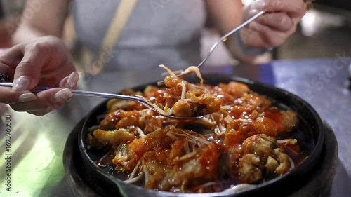 Eating Fried Oyster Mussel Street Food in Bangkok Night Market