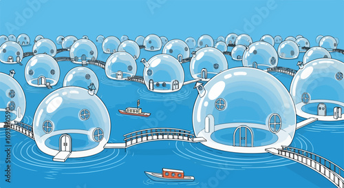 Illustration of future city floating on water featuring dome homes and walkway bridges. Future city portrays sustainable lifestyle and modern living on the water.