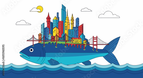Floating city concept with colorful buildings riding on a fish. This floating city surreal scene depicts city buildings on top of large fish, along with suspension bridges, sun, clouds and waves.