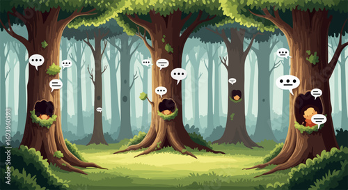 Fairy tale forest filled with speaking trees surrounded by ferns. Enchanted forest has speaking trees conveying secrets and whispers in hollows, creating a magical atmosphere.