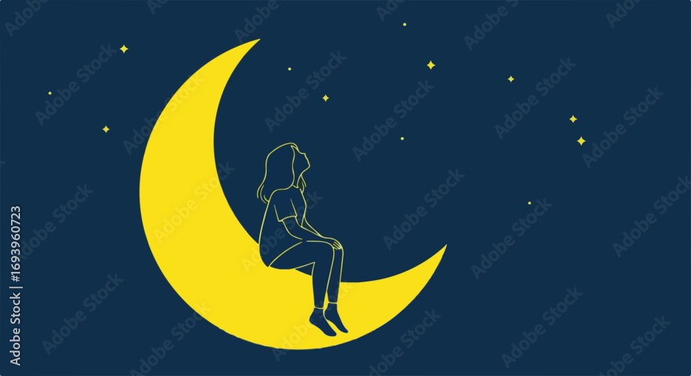 Naklejka premium Solitary figure on moon contemplating starry night, solitary figure is lost in thought. Concept solitary figure reflecting under moonlight provides an image of a person who is lonely.