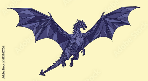Dragon artwork featuring polygon dragon with outstretched wings against pale backdrop. Dragon artwork, faceted and geometric, is rendered in shades of indigo.