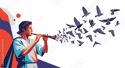 Peace dove illustration of man playing wind instrument with flying birds. Peace dove concept is conveyed through instrument music and symbolizes freedom and hope,