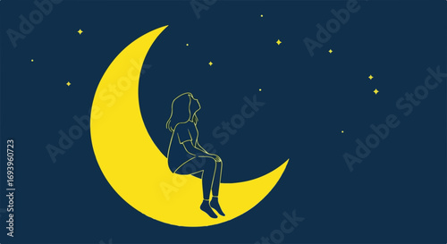 Solitary figure on moon contemplating starry night, solitary figure is lost in thought. Concept solitary figure reflecting under moonlight provides an image of a person who is lonely.
