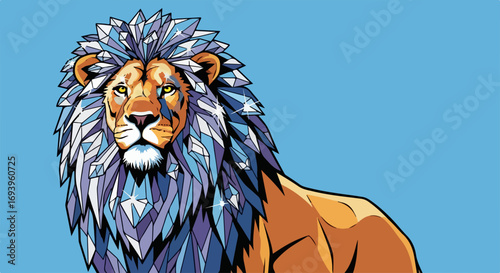 Regal lion illustration displaying diamond mane on light blue backdrop. Powerful lion illustration with crystal texture exudes strength and style, making it ideal for posters and prints.