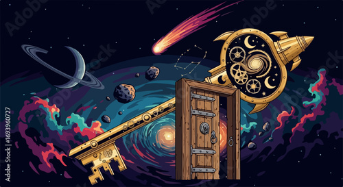 Surreal space key unlocking doorway to cosmic dimensions and fantasy worlds. Space key with celestial rocket design, opening to a doorway that leads to new beginnings, represents imagination.