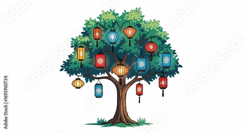 Colorful lanterns hang from tree branches in whimsical illustration. Tree adorned with glowing lanterns, creating a festive and enchanting scene, perfect for celebrations and storytelling.