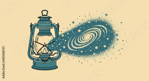 Conceptual glowing lantern emanating stars in a spiral galaxy. Glowing lantern illuminates outer space, with nebula and distant stars. Use this glowing lantern imagery for science and education,