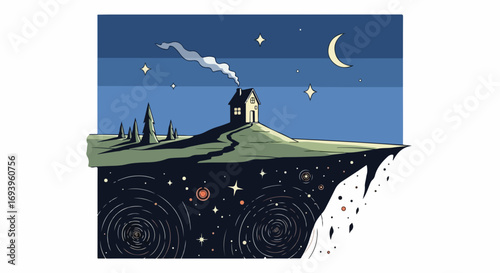 Night landscape with home, cozy house on hill under starry sky, evoking calmness. Illustration showcases starry night landscape, serene home scene with moon above, smoke coming from chimney,