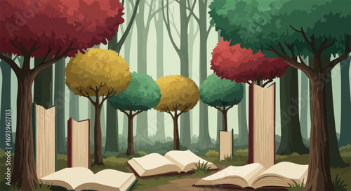Forest library scene shows books scattered on forest floor among autumn trees. Forest library concept combines nature and reading among the red, yellow, and green leaves.
