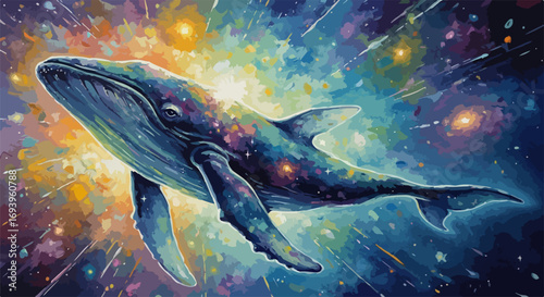 Surreal artwork of a whale swimming in space. This whale art piece is a dreamy depiction of galaxy whale swimming and stars, evoking fantasy and wonder.