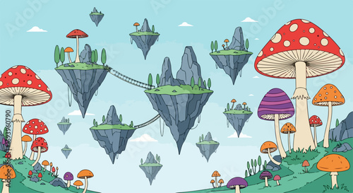 Illustrated fantasy landscape with floating islands, vivid mushrooms and grassy hills. This fantasy landscape showcases magical elements like suspended landmasses, whimsical fungi, and verdant slopes.