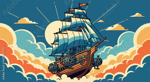 Steampunk ship sailing through clouds with sails and a steam engine, steampunk ship gliding in the sky with fantastical design and intricate details. Using steampunk ship art for fantasy book cover,