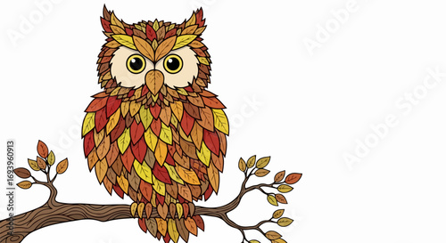 Autumn owl perched on branch, autumnal leaves design on white. Autumn owl drawing showcasing vibrant fall colors in yellow, orange, and red. This stylized autumn owl, a seasonal motif,