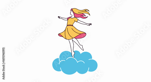 Woman on cloud illustrates freedom and joyful spirit with arms outstretched. Woman on cloud is symbol of happiness, lightness, carefree mood, and hope. Enjoy woman on cloud.