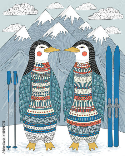 Intricate Penguin-Themed Adult Coloring Page Featuring Cute Antarctic Birds in Detailed Winter Landscape for Mindful Relaxation and Stress Relief Activities