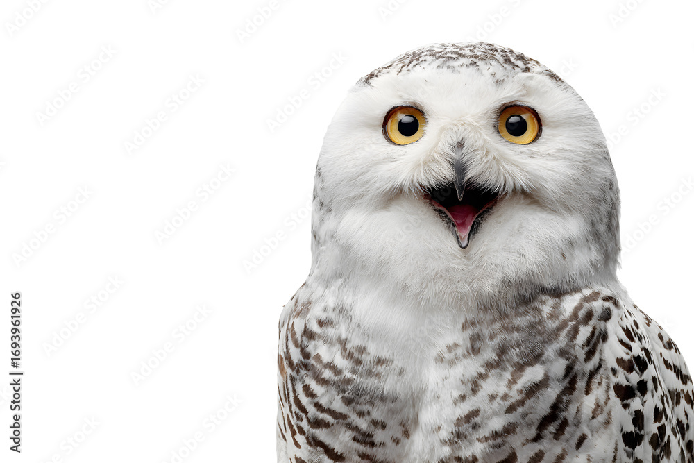 Fototapeta premium Snowy owl with wide open eyes and surprised expression isolated on transparent background