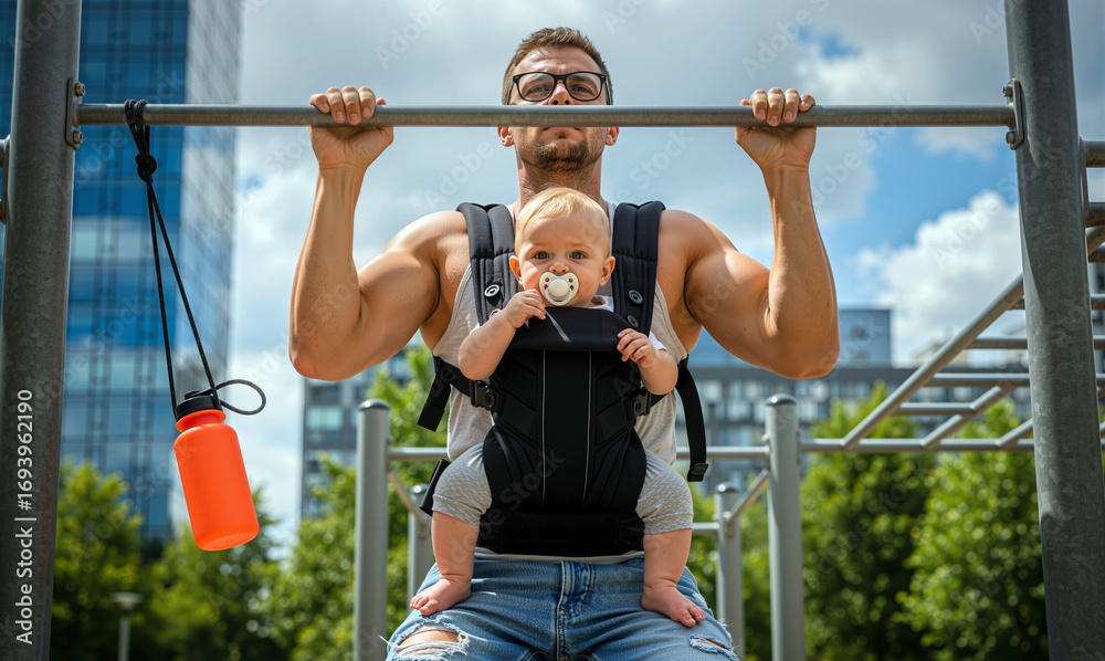 Naklejka premium Strong Father Doing Pull-ups with His Baby in a Carrier