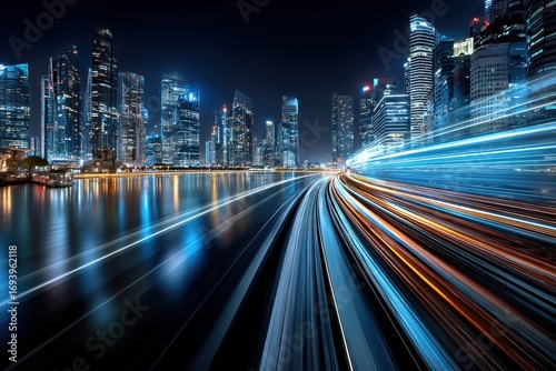Fast light trails across highway with city skyline at night