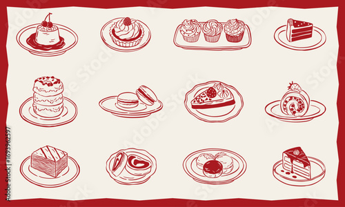 cake on a plate sketch hand drawn doodle illustration - vector line art drawing collection set