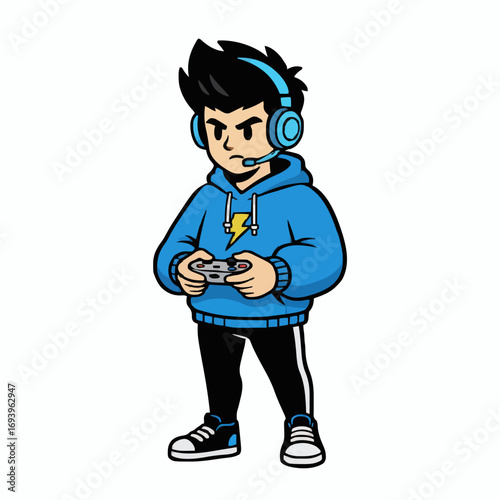 an esports gamer with headset holding controller