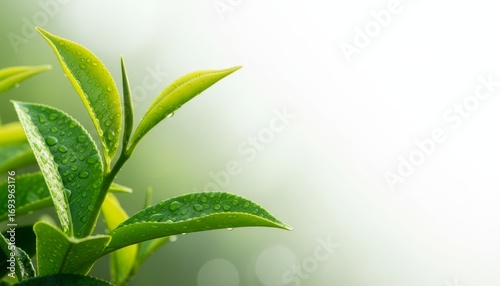 Macro Close-Up of Fresh Green Tea Leaves Capturing Morning Dew on Vibrant Leaves Against a Soft Blurred Background