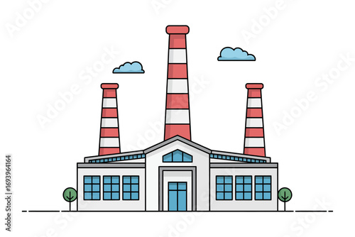 Cartoon Industrial Factory with Three Chimneys and Clouds in a Clean Flat Design Style for Environmental Graphics and Concepts
