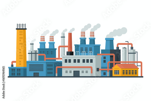 Cartoon Industrial Factory Building with Chimneys and Pipes Isolated on White Background Representing Manufacturing and Environmental Impact