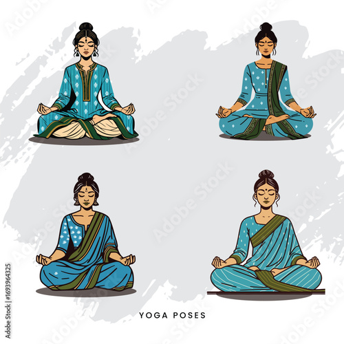 Elegant yoga posture by woman in saree and kurti, pastel design, cultural and spiritual fitness concept.