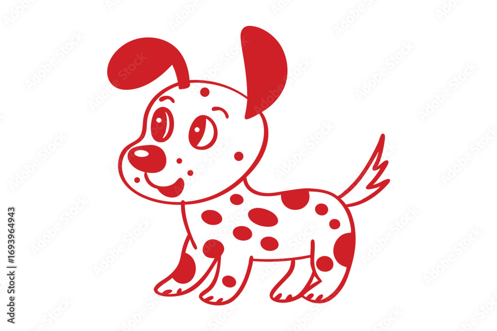 Naklejka premium Cheerful cartoon dog with white fur and red spots is playfully standing