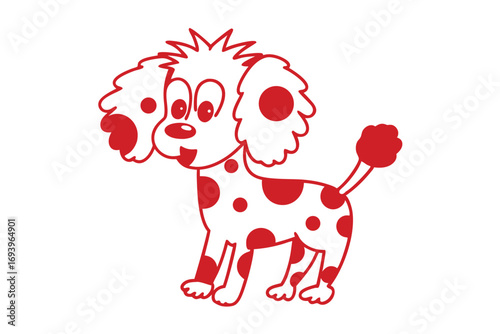Cheerful cartoon dog stands playfully outlined in red with large spots throughout its body