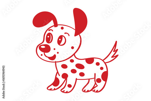 Cheerful cartoon dog with white fur and red spots is playfully standing