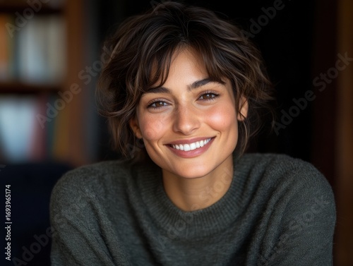 Happy young woman relaxing at home near bookshelf during daytime
