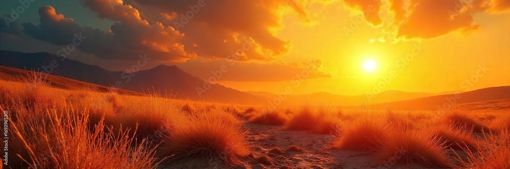 Obraz premium Intense heat radiating from a sun-baked field of dry grass, shimmering air visible above the parched earth A landscape of summer drought and intense solar energy , flora, summer, hot