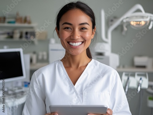 Smiling Asian woman holding tablet in medical office during daytime