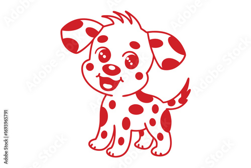 Cheerful cartoon puppy with red spots and outline stands happily against a white background