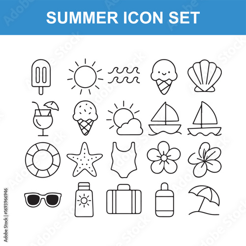 Set of Summer Icons Featuring Vacation and Beach Elements in Simple Line Art