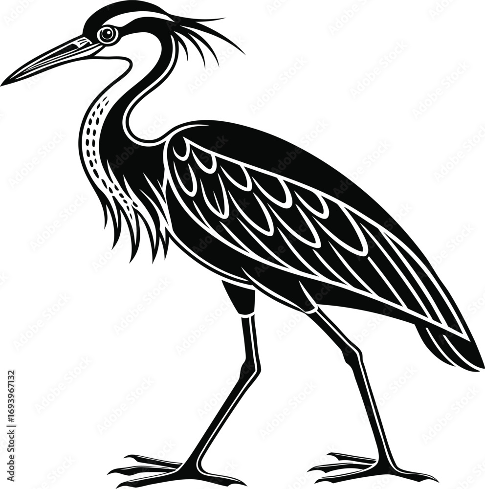 Obraz premium Black Silhouette Vector of a Crowned Night Heron, Elegant Crowned Heron Bird Silhouette, Night Heron Minimal Vector Illustration, Exotic Bird Silhouette Artwork Vector